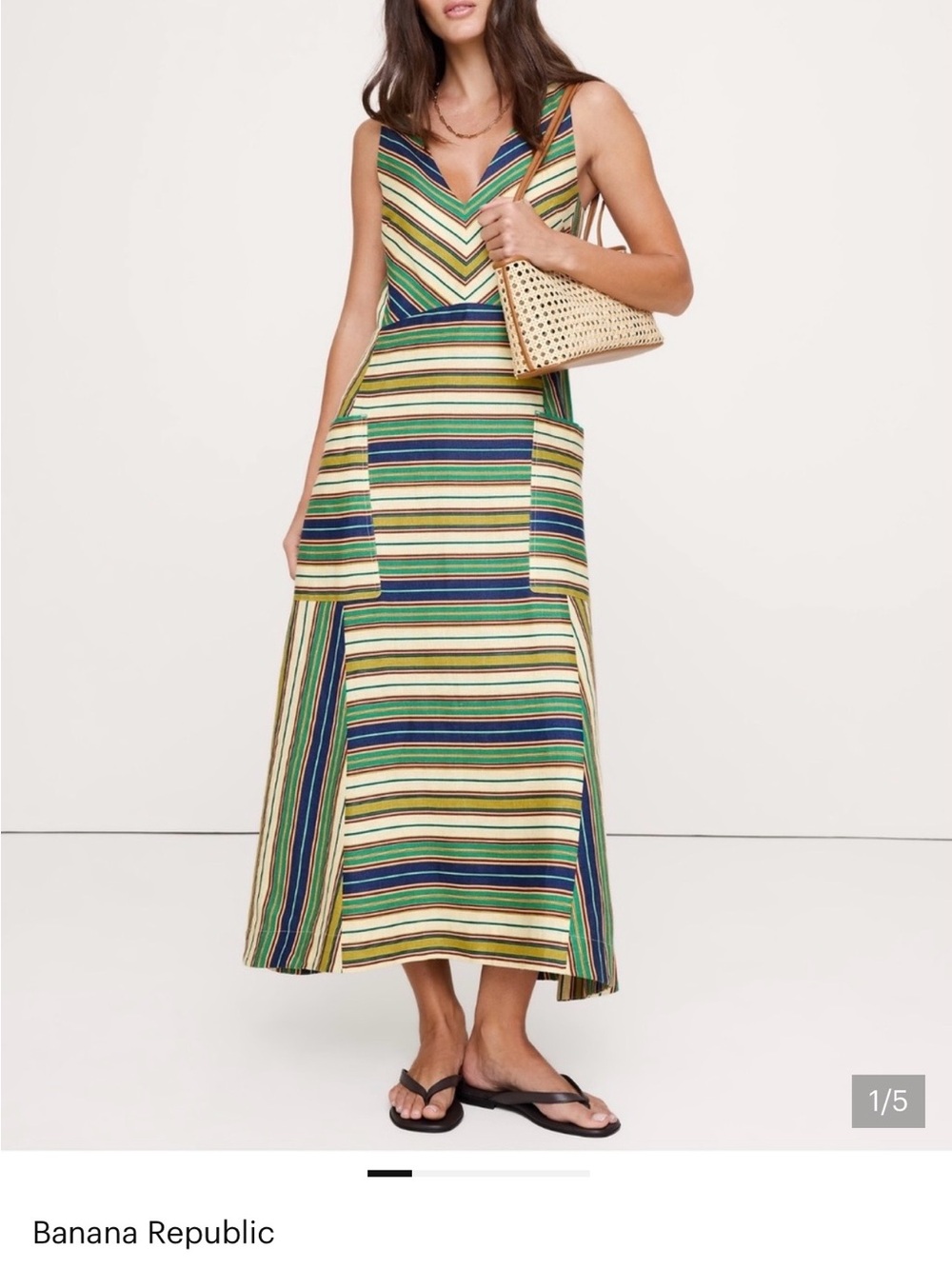 Banana Republic Green and Blue Striped V-Neck Maxi Dress